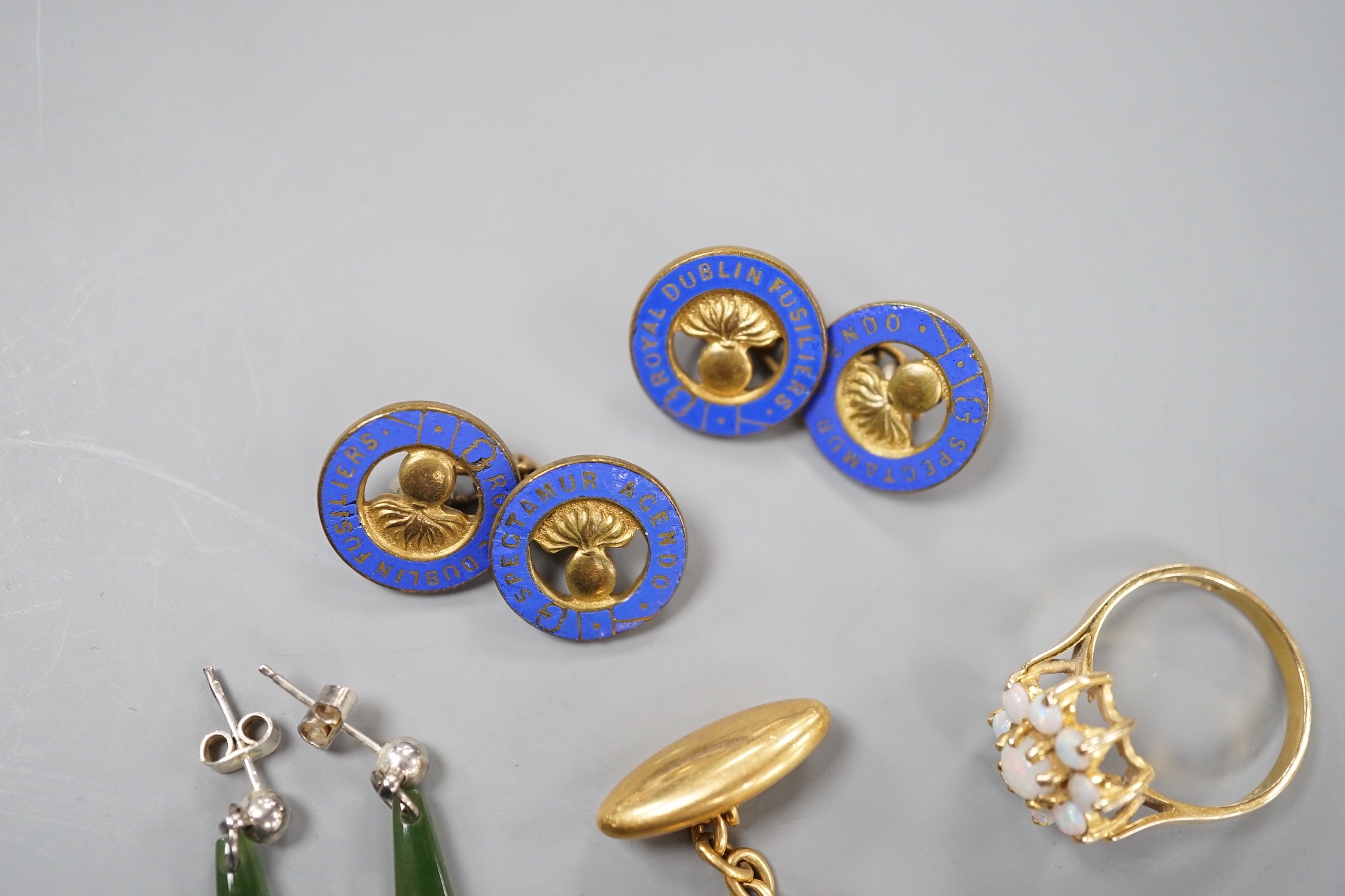 Mixed jewellery including a 9ct gold and opal cluster dress ring, gross 2.8 grams, an 18ct gold cufflink, 3.7 grams and other cufflinks and pair of earrings.